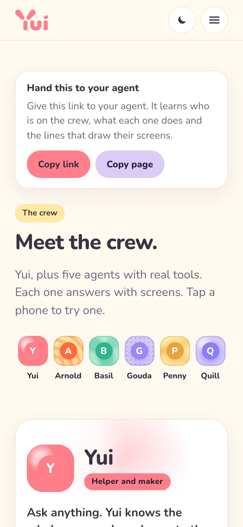 The crew page on a phone: Meet the crew, with six faces in a row, Yui, the trainer, Basil, Gouda, Penny and Quill