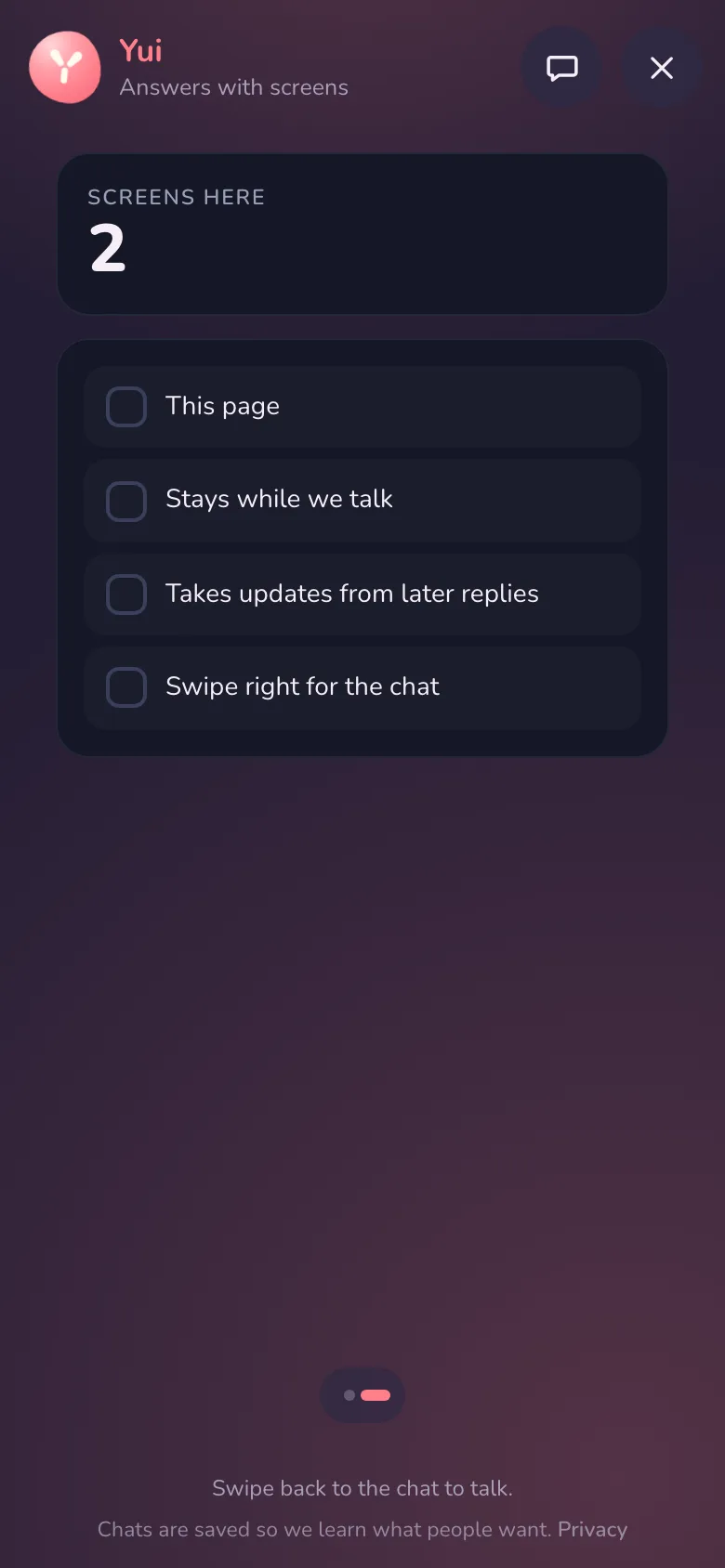 The site chat on a phone, on page 2: a stat and a list, with the dots in the bottom bar