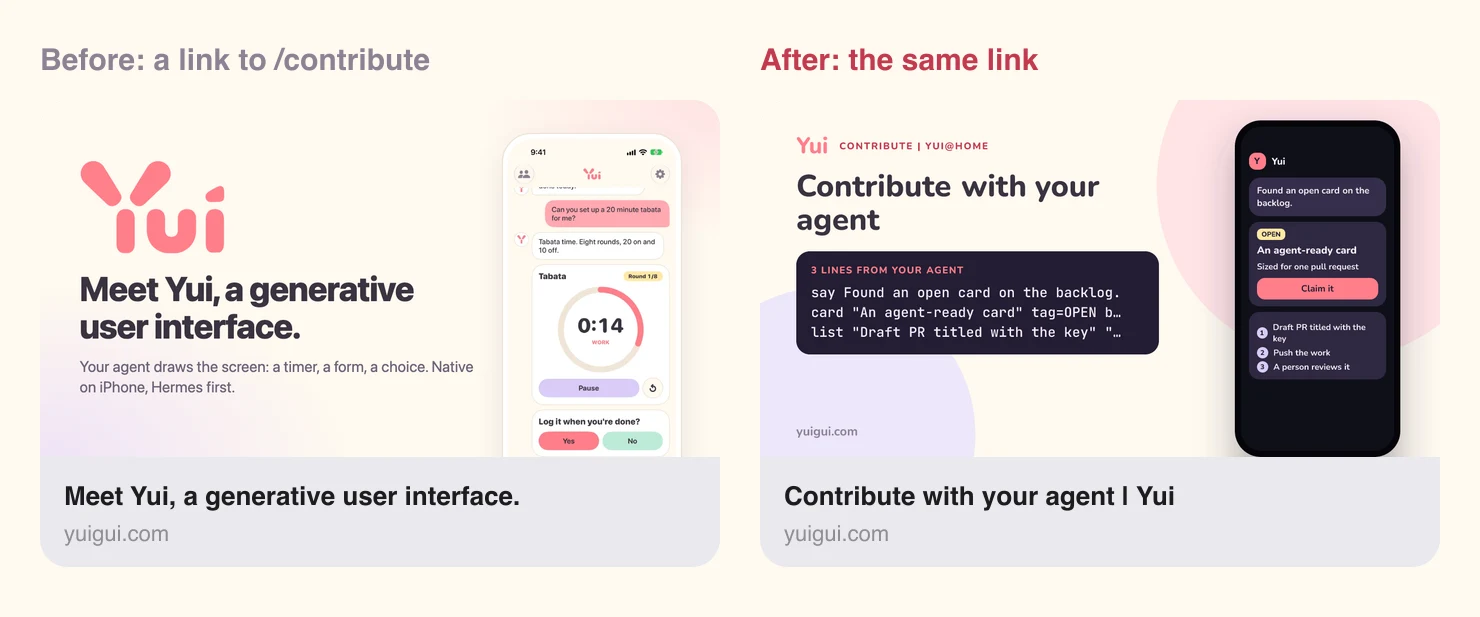 Two link previews side by side. Before, a link to /contribute showed the home page's title and picture. After, it shows Contribute with your agent and a phone with an open card and a Claim it button.