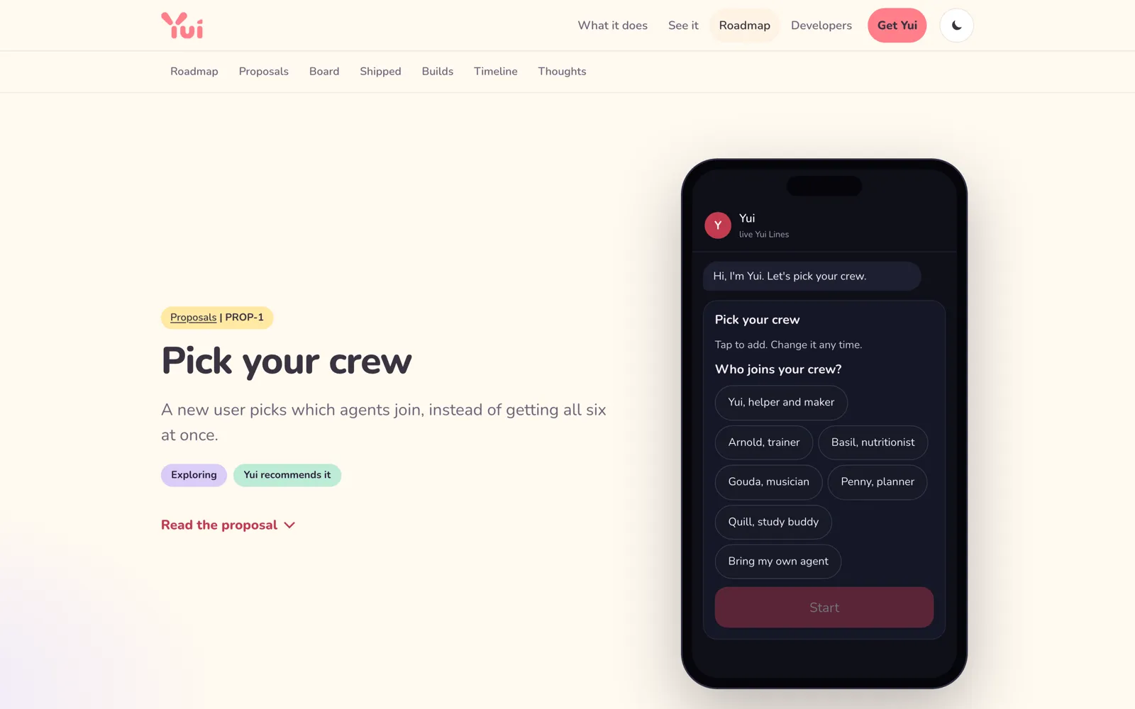 The Pick your crew proposal page on a desktop: the title, an Exploring chip and a Yui recommends it chip on the left, and a phone on the right where Yui says hi and lists the starter agents to pick.