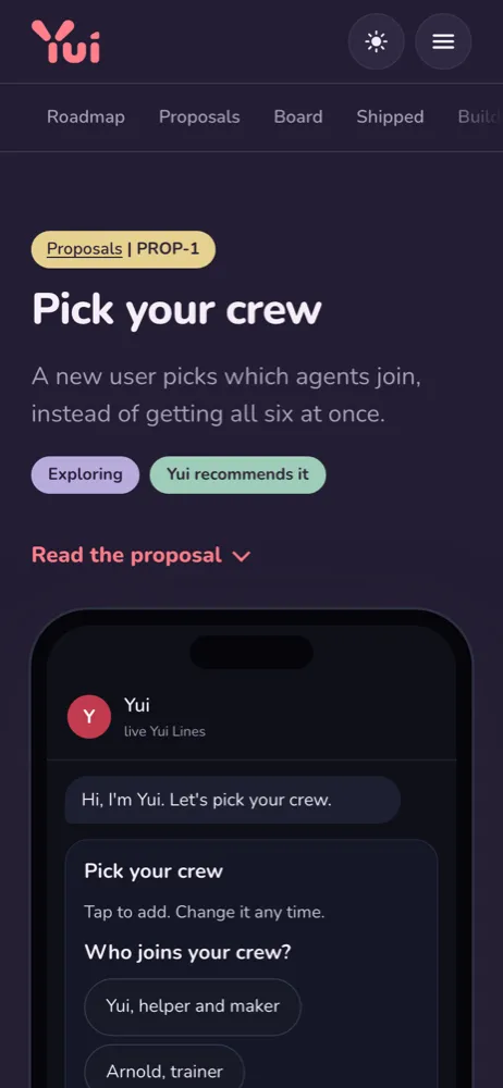 The same proposal page on a phone in dark mode: the title and chips, then the live phone with the crew picker below.