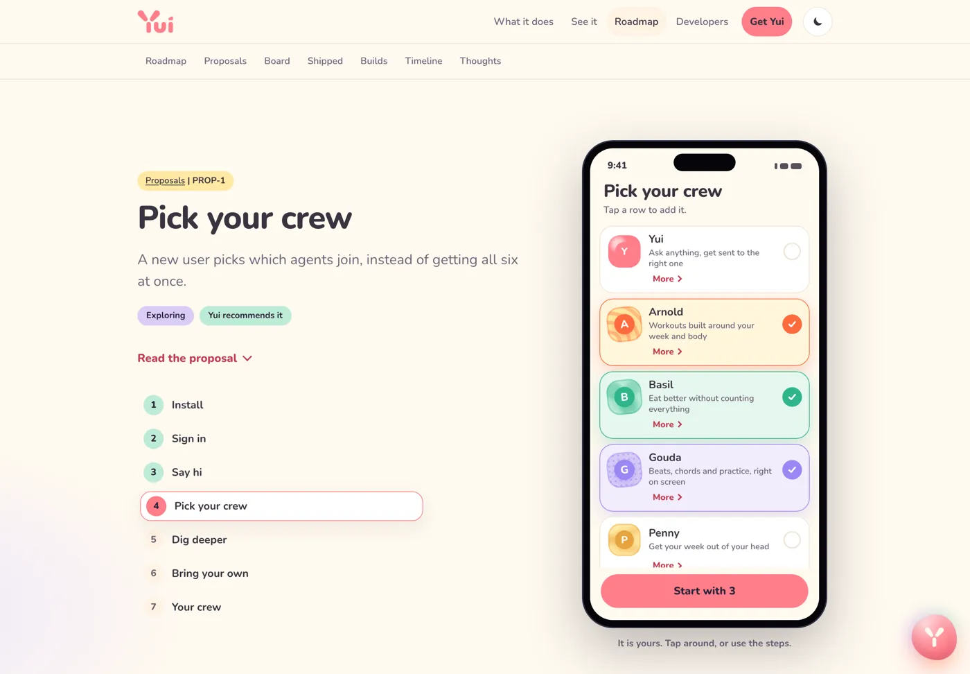 The Pick your crew proposal page on a desktop, light: the seven steps on the left and a phone on the right showing the crew list with three agents picked.