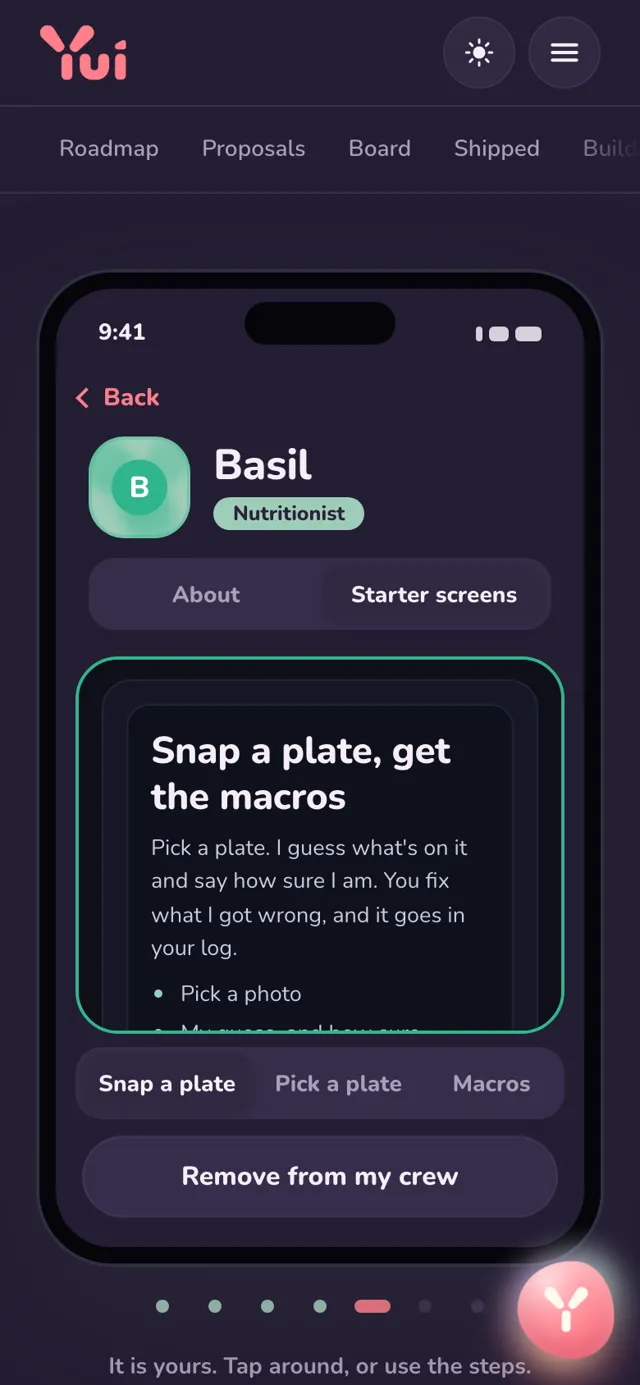 The same page on a phone in dark mode, on an agent's starter screens: a live meal photo screen drawn inside the phone, with a pager under it and an add button.