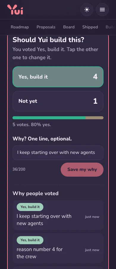 The same vote box on a phone in dark mode.