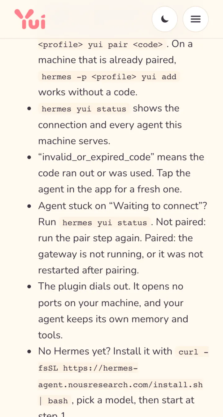 The Get started page on a phone, with a long install command wrapping onto three lines instead of running off the screen.