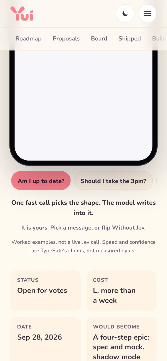 On a phone, light: the With Jev and Without Jev switch, the decision strip above the phone, and the one-line answer to Am I up to date.