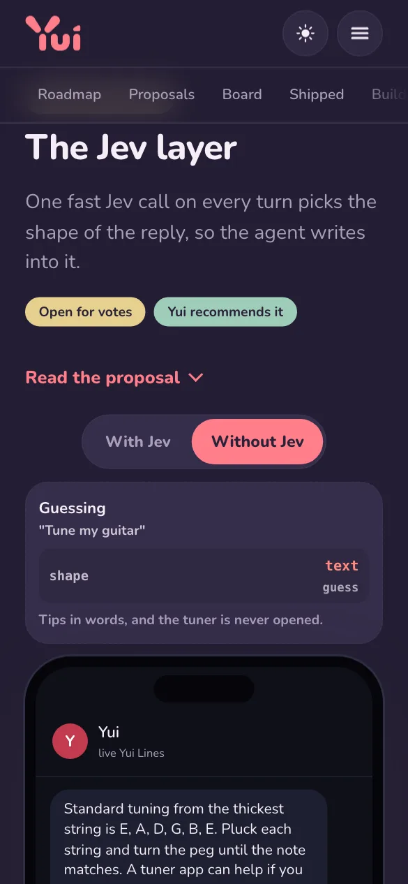 On a phone, dark, Without Jev: the strip says the model guessed text for Tune my guitar, and the phone shows a wall of words instead of the tuner.