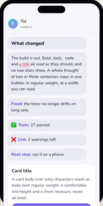 After, light mode: a heading, italic, code, a link, accent labels with a check and a cross, and a card in body text.