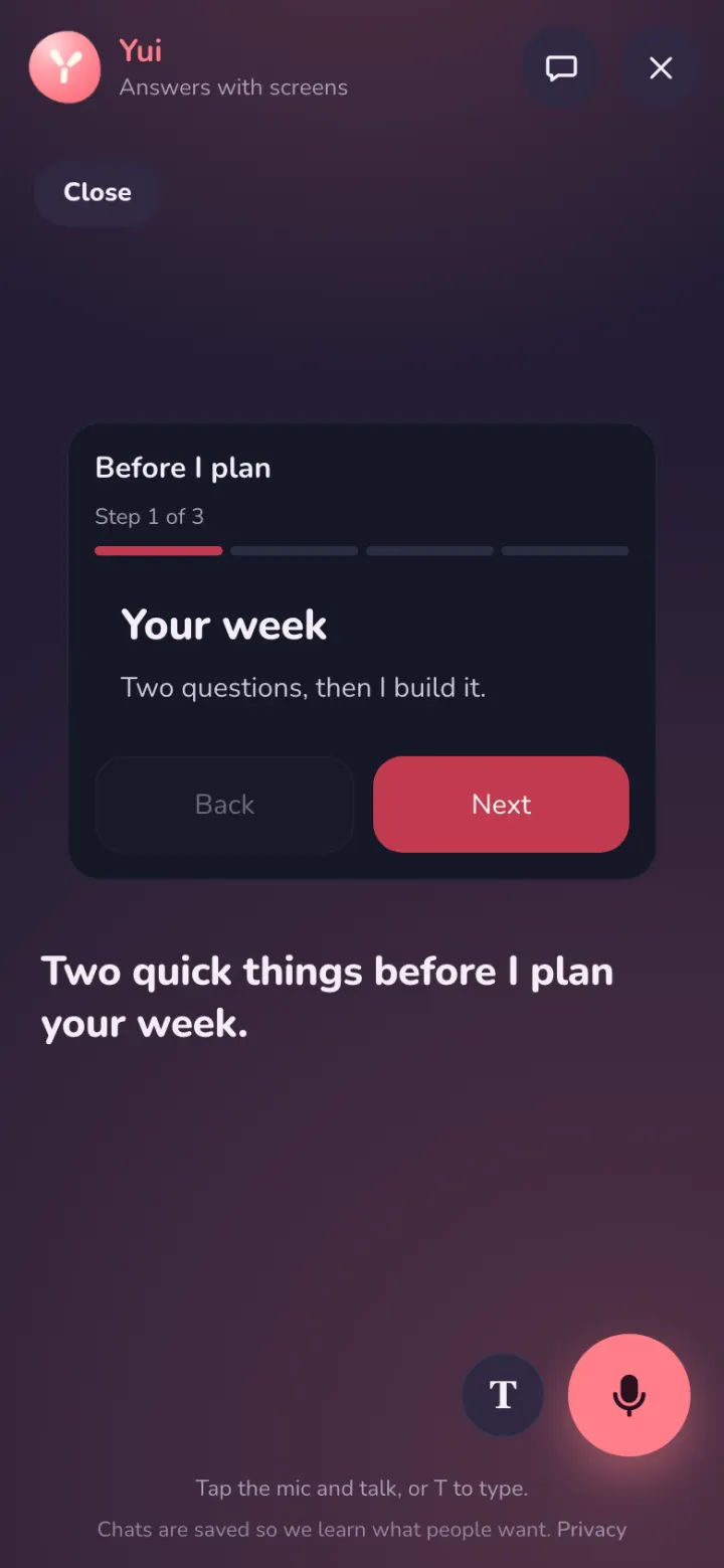 After, chat stage on a plan: a Close button at the top left.