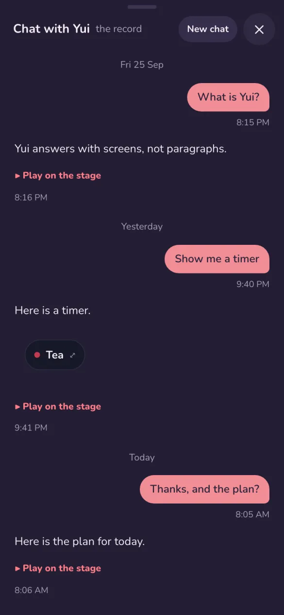 The chat record across three days: a divider for each day and a small time under each group of messages.