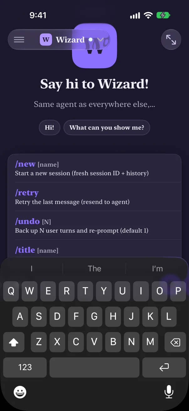 Typing a slash in the chat lists the agent's commands: new, retry, undo, title