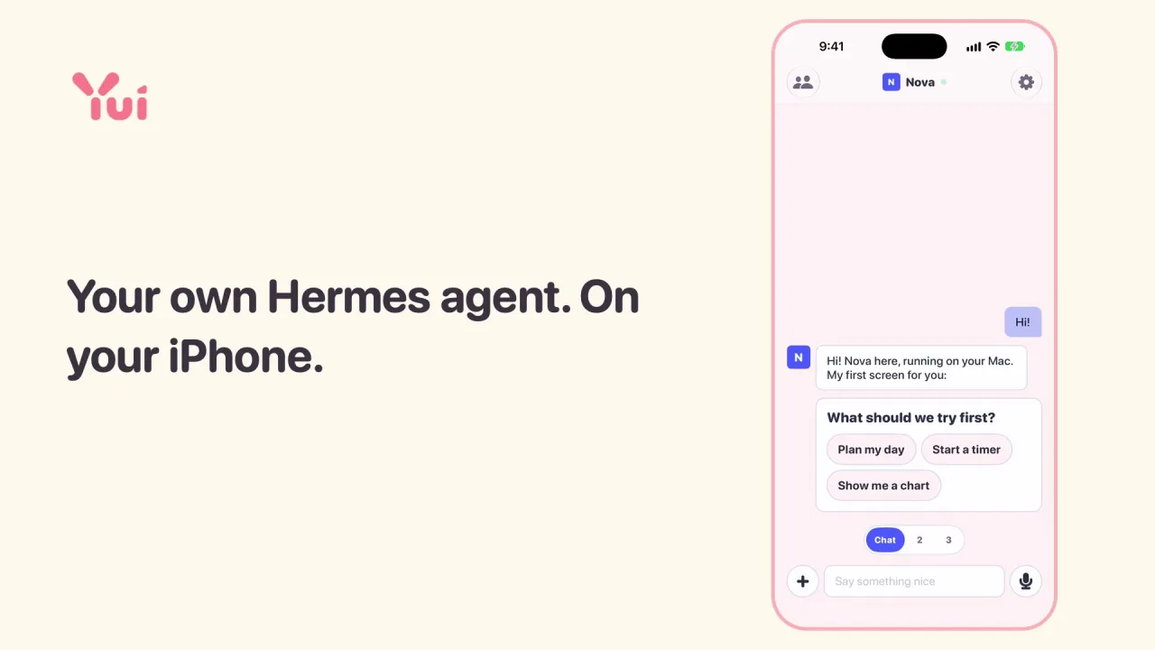 The 16:9 cut of Your Hermes on your phone: the caption Your own Hermes agent. On your iPhone, next to a chat where an agent named Nova says hi and asks What should we try first, with Plan my day, Start a timer and Show me a chart buttons.