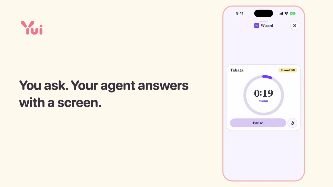 The 16:9 cut of Yui in 15 seconds: the coral Yui wordmark and the caption You ask. Your agent answers with a screen, next to a phone running a Tabata timer.