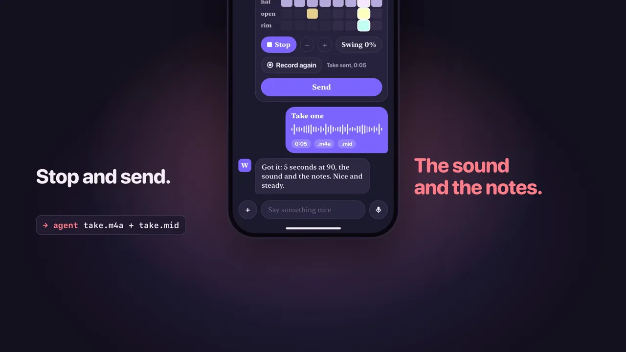 The film at 34 seconds: the take sent to the agent with .m4a and .mid chips, caption Stop and send, The sound and the notes