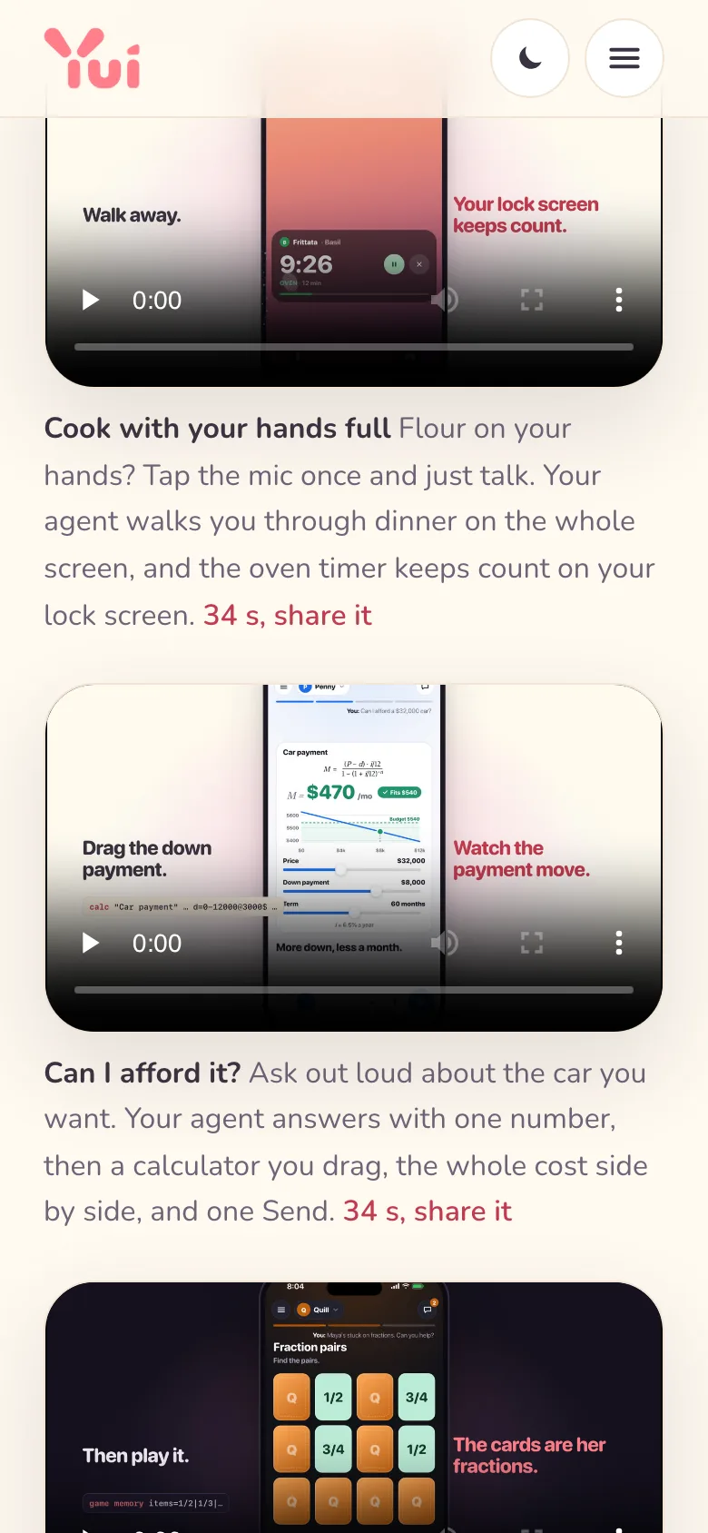 The home page on a phone: Dinner, a car, homework, with the cooking and car films