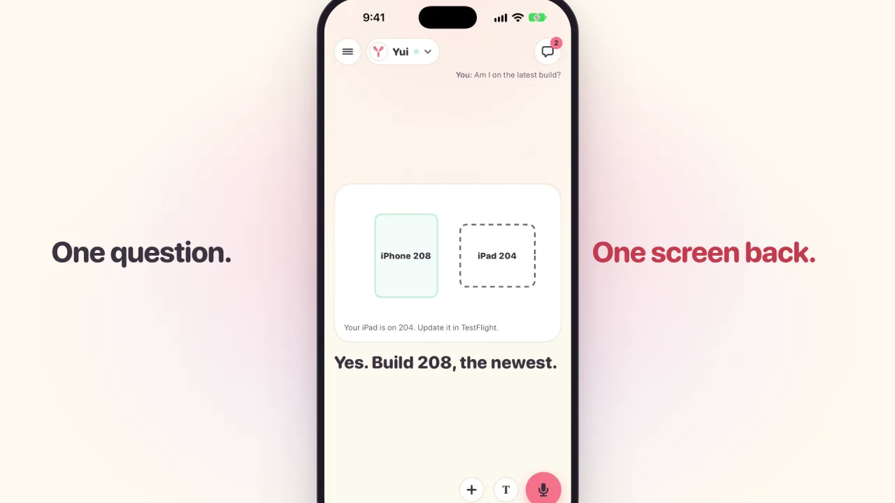 A frame from the film: a phone showing Yes. Build 208, the newest, with an iPhone and iPad picture, between the captions One question and One screen back.