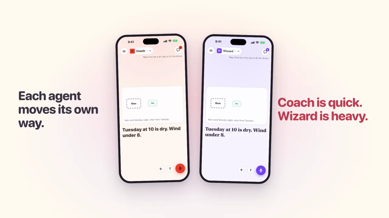 A frame from the film: two phones, Coach in coral and Wizard in purple, both answering Tuesday at 10 is dry, with the captions Each agent moves its own way and Coach is quick, Wizard is heavy.