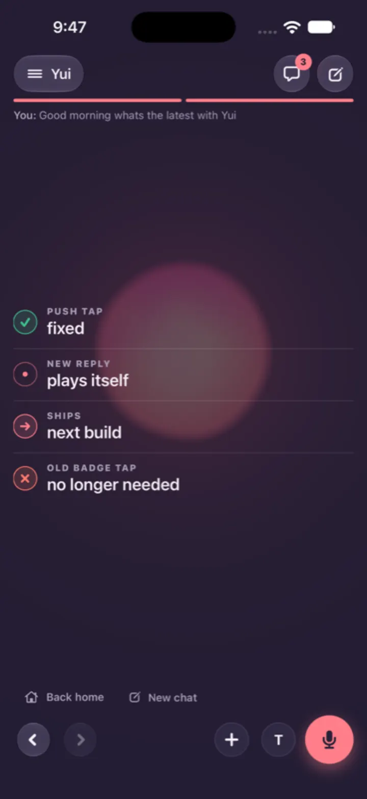 Dark mode: a reply as a ledger, a tick, a dot, an arrow and a cross beside each line