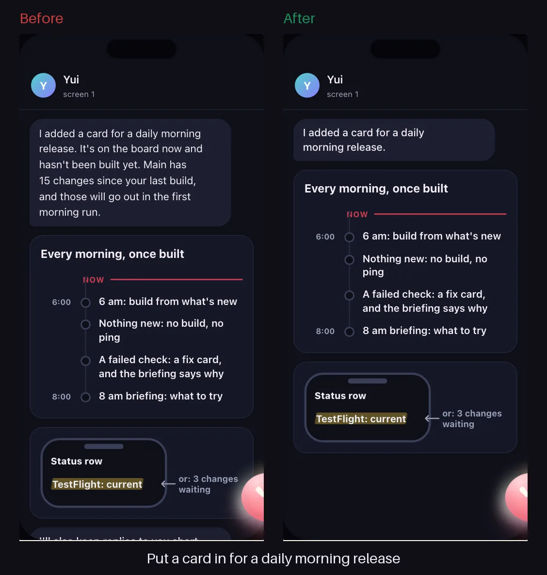 Dark mode, before and after: put a card in for a daily morning release