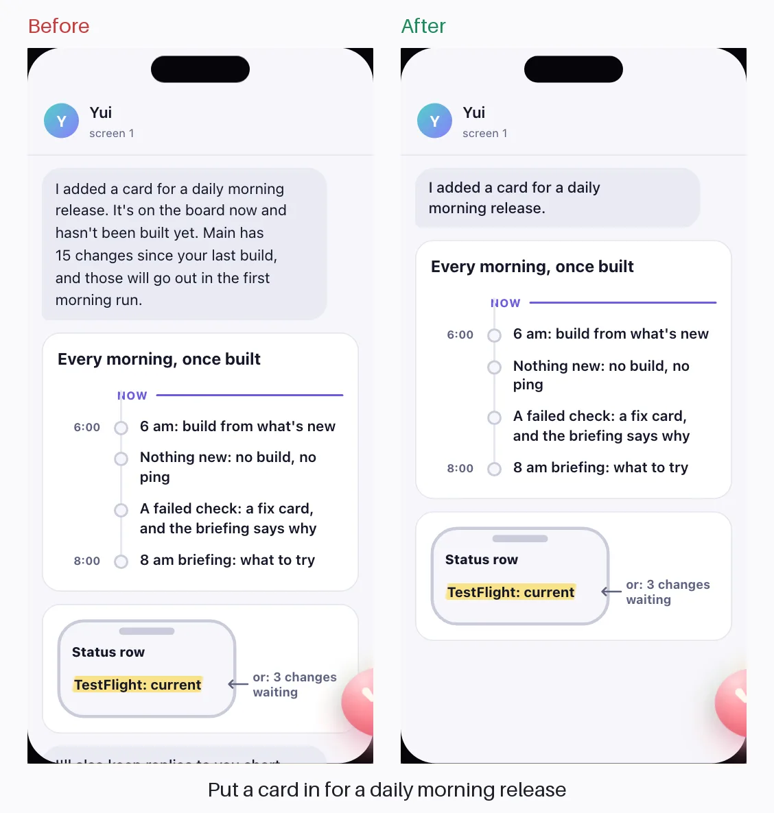 Light mode, before and after: put a card in for a daily morning release