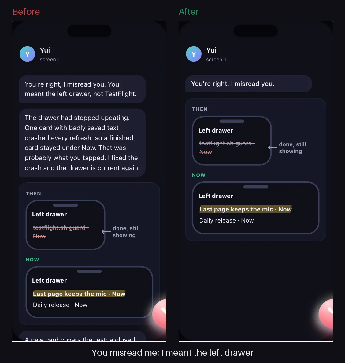 Dark mode, before and after: You misread me, I meant the left drawer