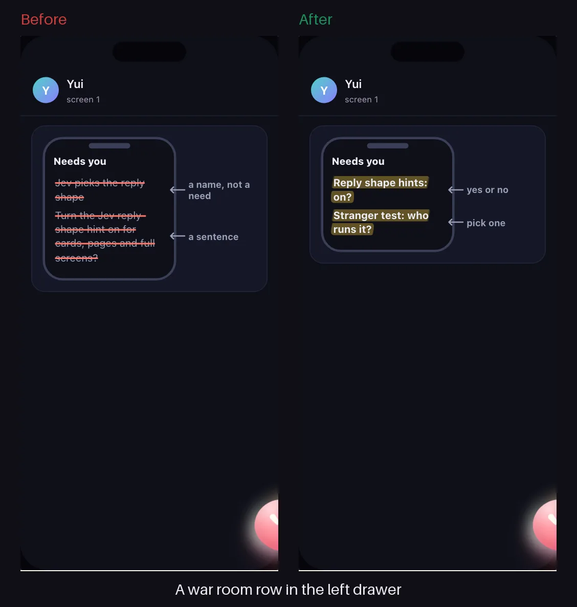 Dark mode, before and after: a war room row in the left drawer