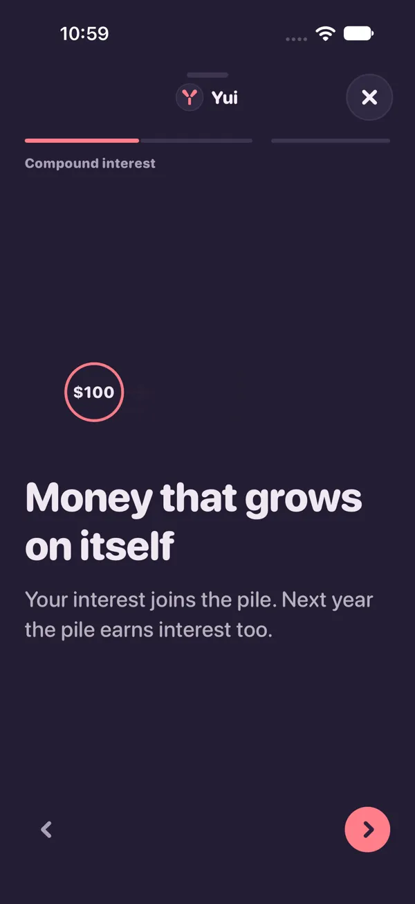 Page one of the lesson: a $100 to +10% to $110 diagram over the words Money that grows on itself