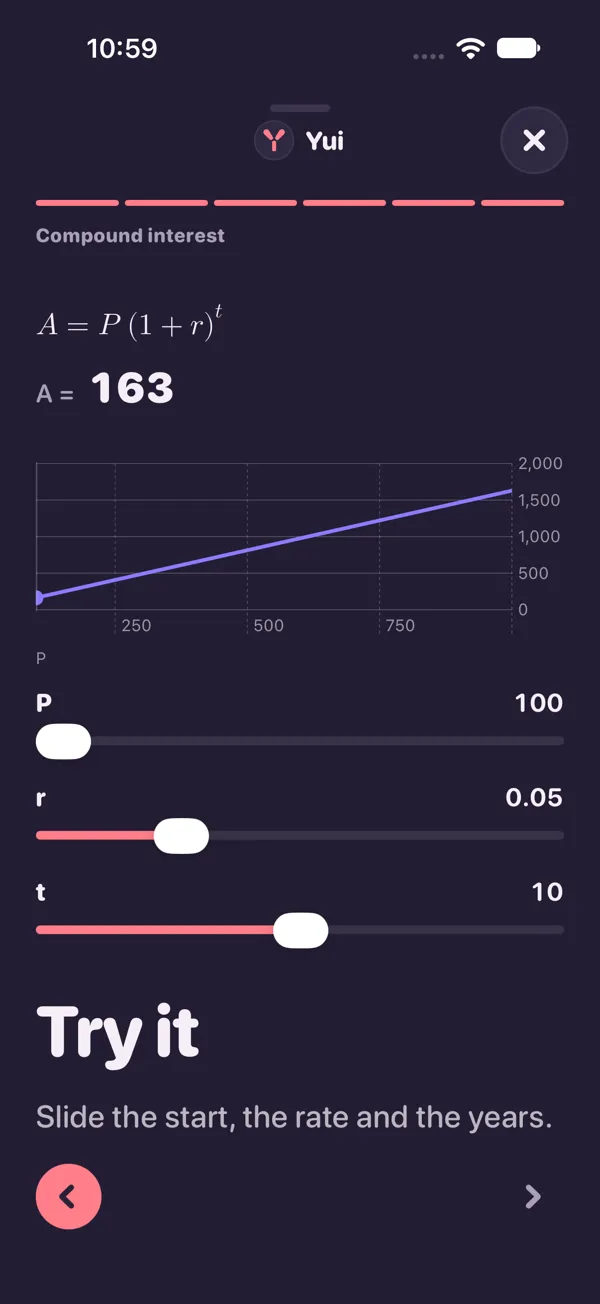 The last page: the compound interest formula with sliders for the start, the rate and the years