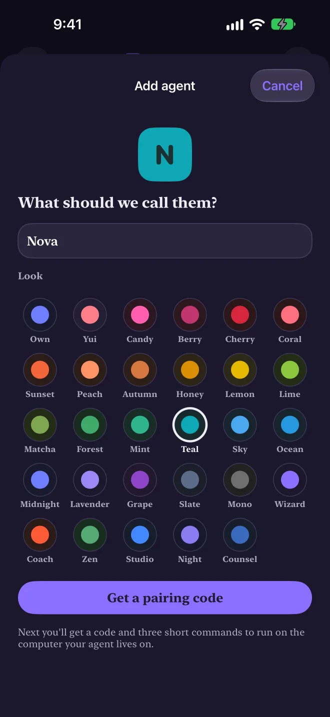 Add agent sheet in dark mode with 29 color chips in a grid, Teal selected