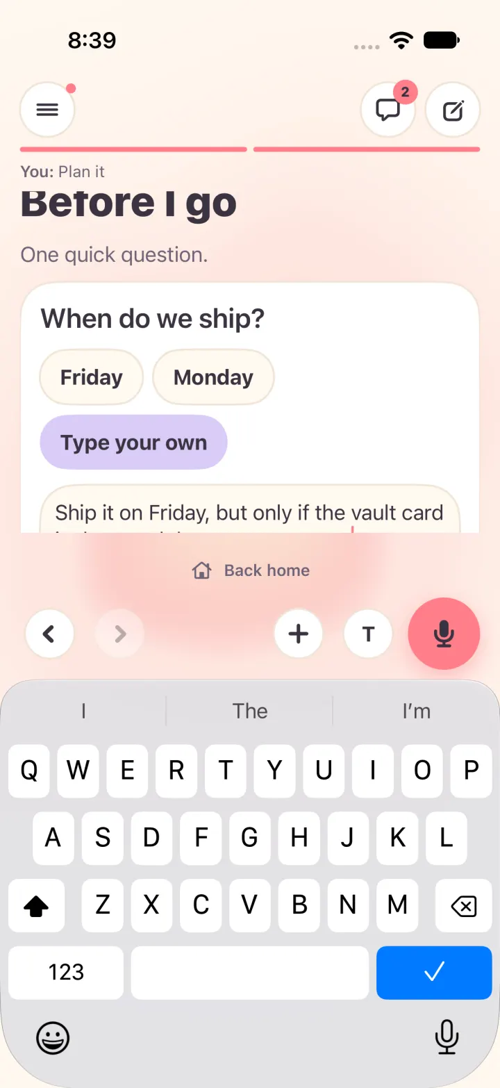 After: Type your own opens as a roomy field with an Add button.