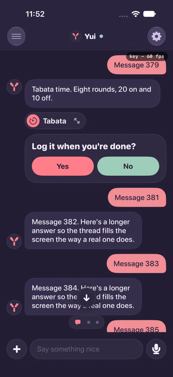 The same long thread in dark mode, scrolled up past a timer and a Yes or No question, still at 60 fps.