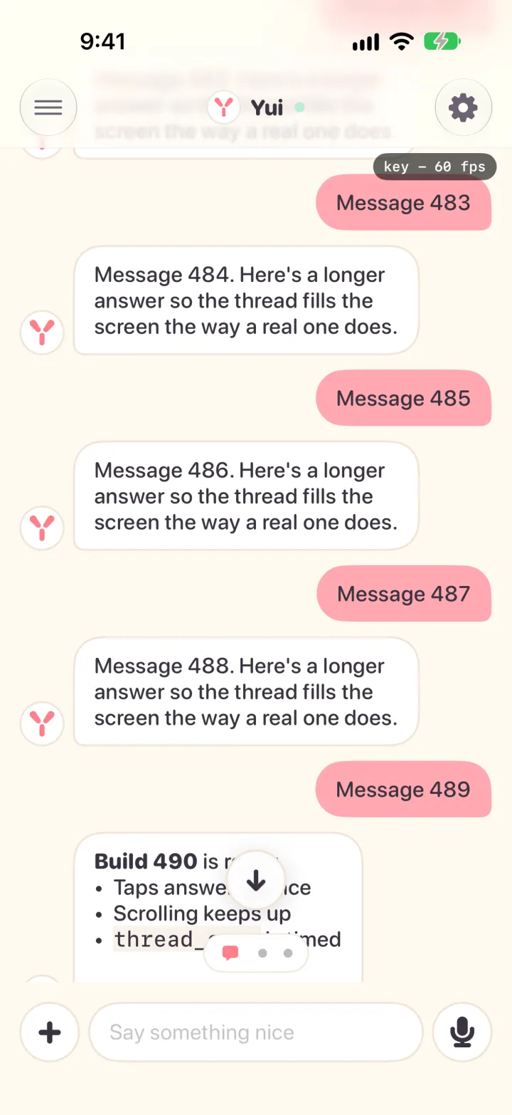 A 500-message thread in light mode, open at the newest message, with the frame counter reading 60 fps.