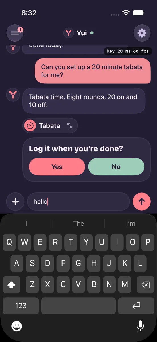 A thread with Speed on: a small key ms and fps readout under the top bar while typing hello, dark mode