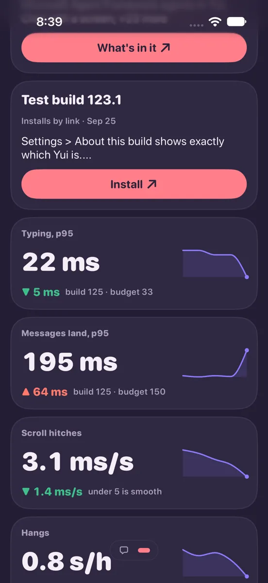 The war room's Speed panel under Builds with sample numbers: typing p95 22 ms, messages land p95 195 ms in red, scroll hitches 3.1 ms/s, dark mode