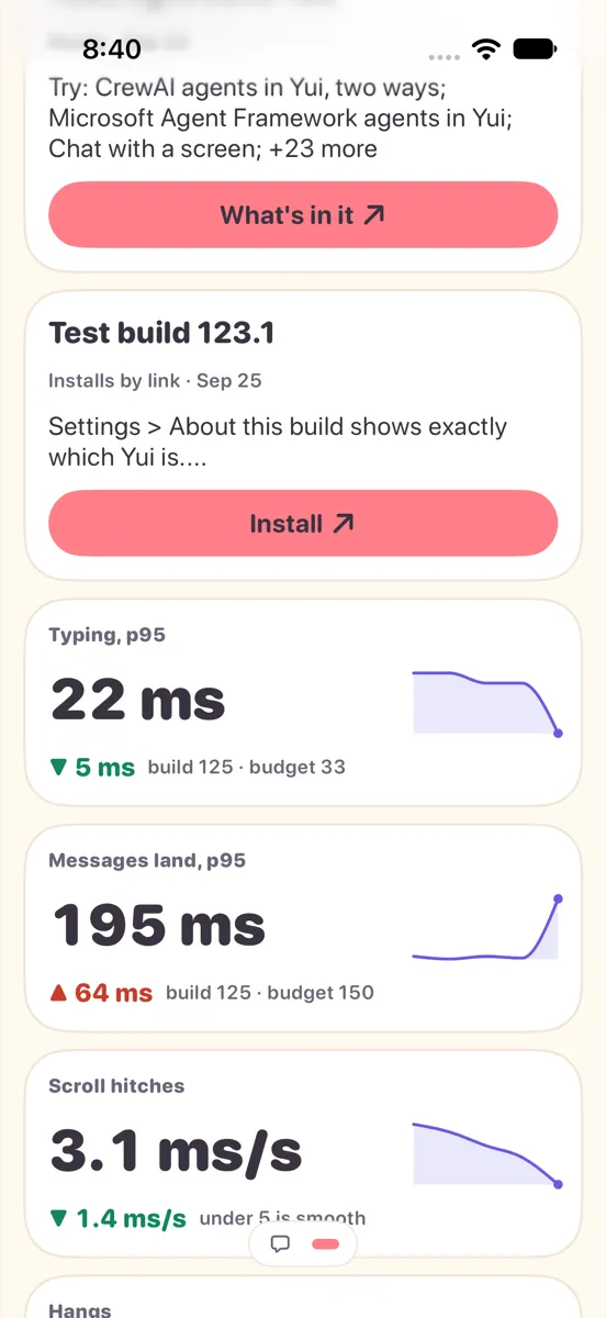 The same Speed panel in light mode, each tile with a spark line across five builds