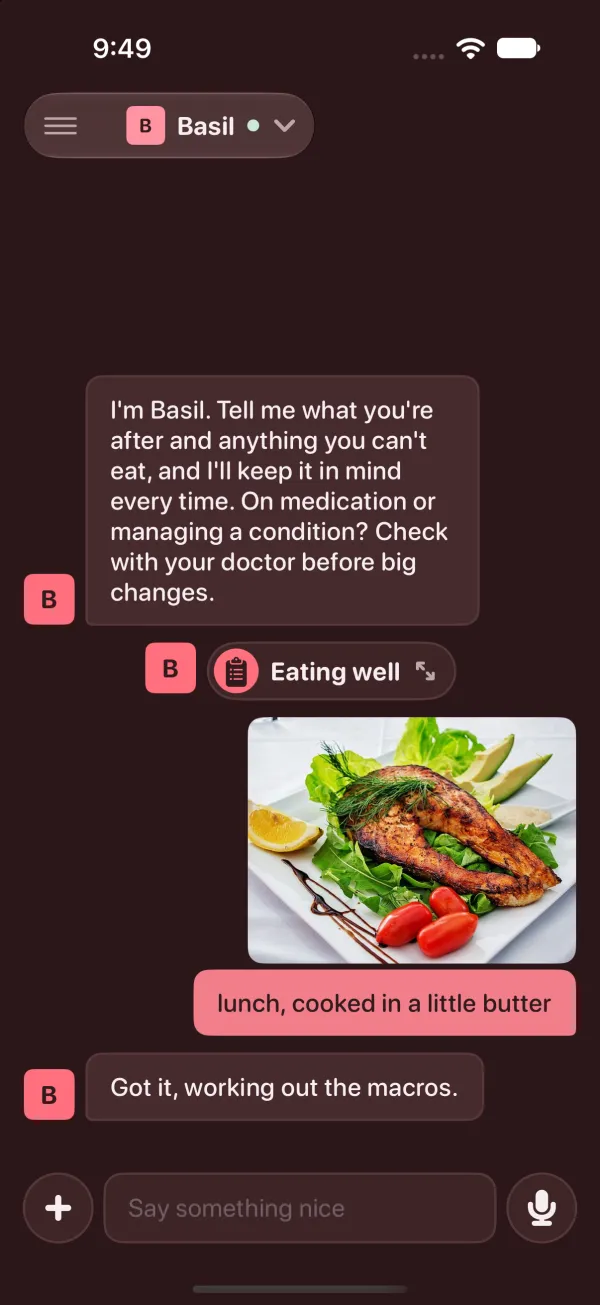 The same answer at once in dark mode: the salmon photo, the note about butter and Got it, working out the macros.