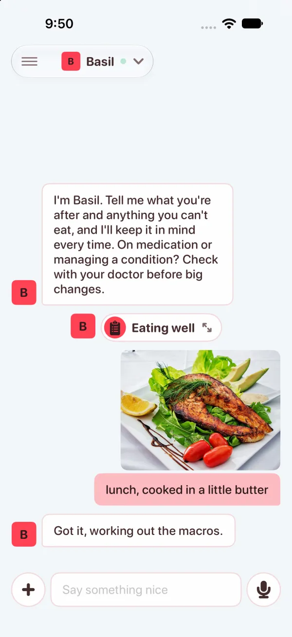 Basil's thread: a photo of grilled salmon with salad, the words lunch, cooked in a little butter, and Basil's answer at once: Got it, working out the macros.