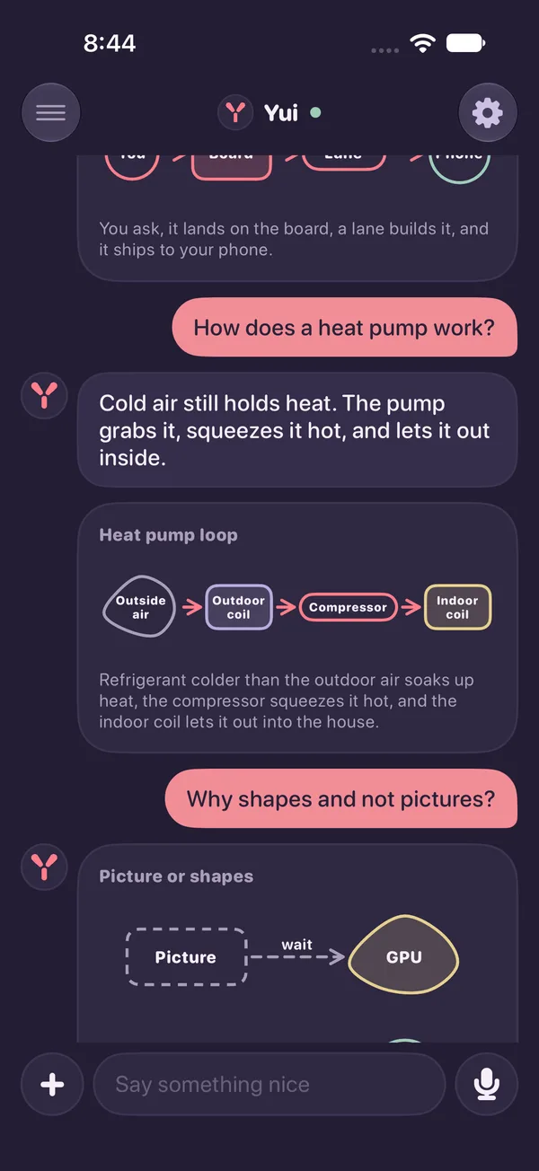 The same heat pump diagram in the Yui app in dark mode
