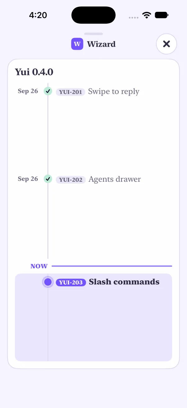 The same saved timeline after two patch lines: YUI-202 is done on Sep 26, the Now line moved below it and YUI-203 Slash commands is running
