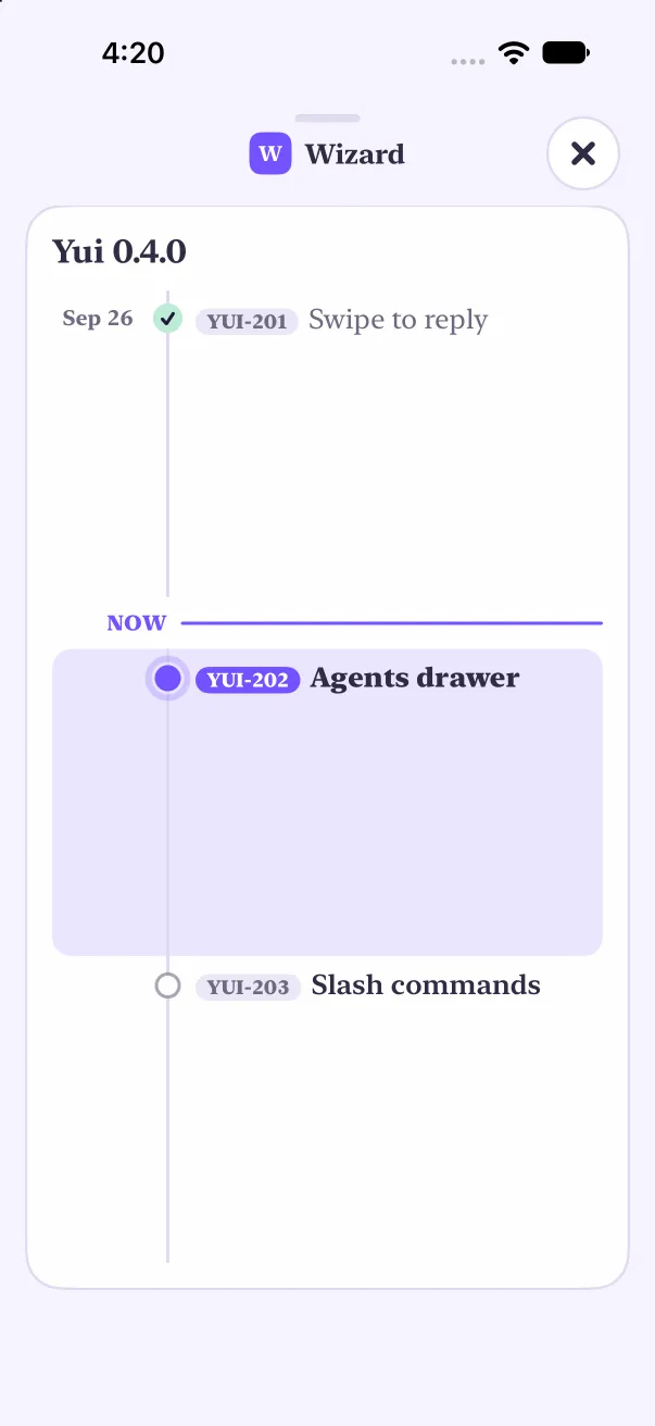 The release timeline saved on the phone: YUI-201 done, YUI-202 Agents drawer running under the Now line, YUI-203 queued