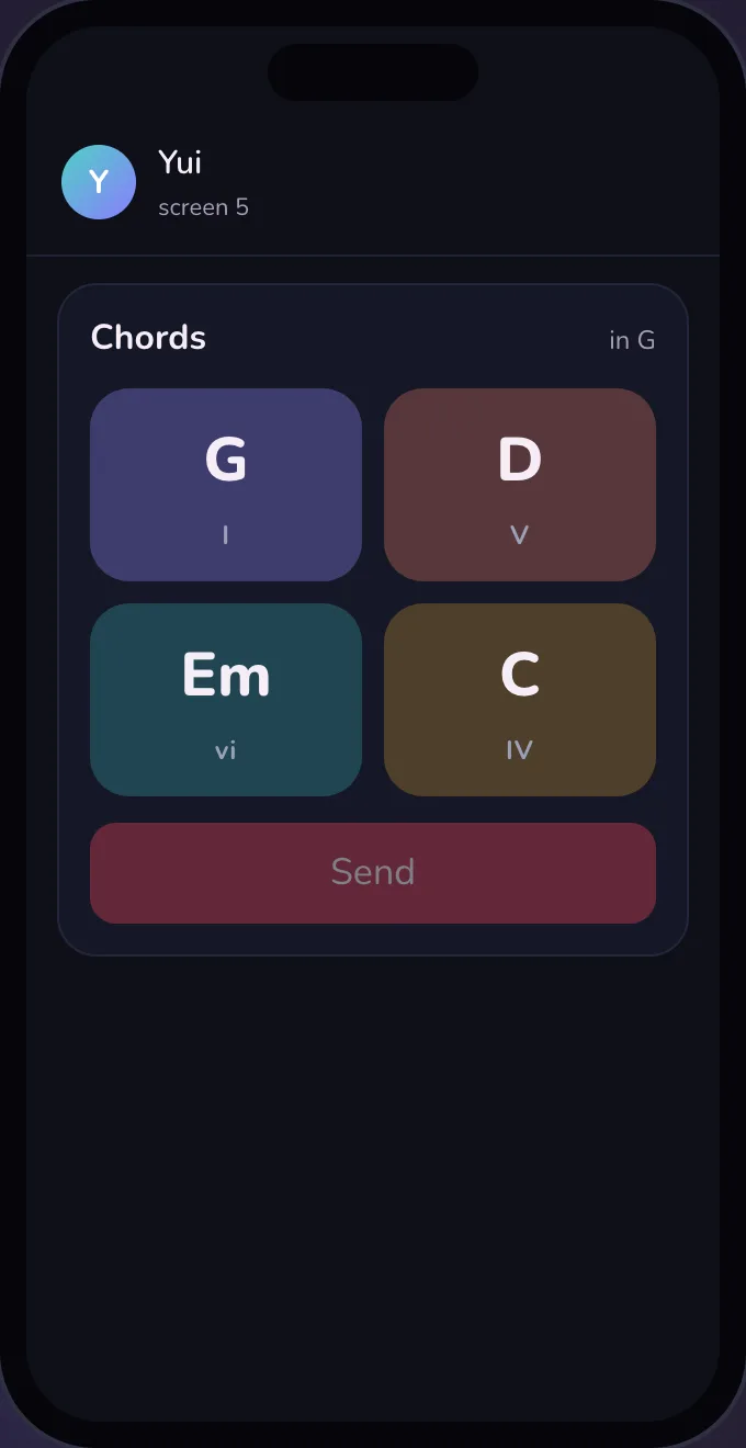 Chord buttons in G on a dark phone