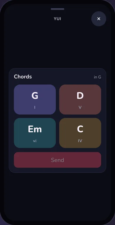 Dark mode: a Chords card in G with four big colored buttons, G I, D V, Em vi and C IV, and a Send button under them.