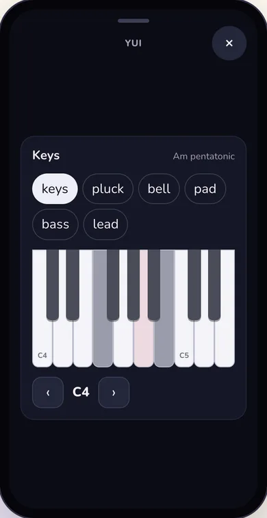 Dark mode: a Keys card in A minor pentatonic, sound buttons keys, pluck, bell, pad, bass and lead, a keyboard from C4 to C5 with the notes outside the scale dimmed.