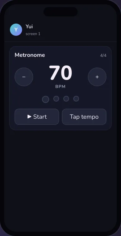 Dark mode: a metronome card at 70 BPM in 4/4 with minus and plus, four beat dots, Start and Tap tempo.