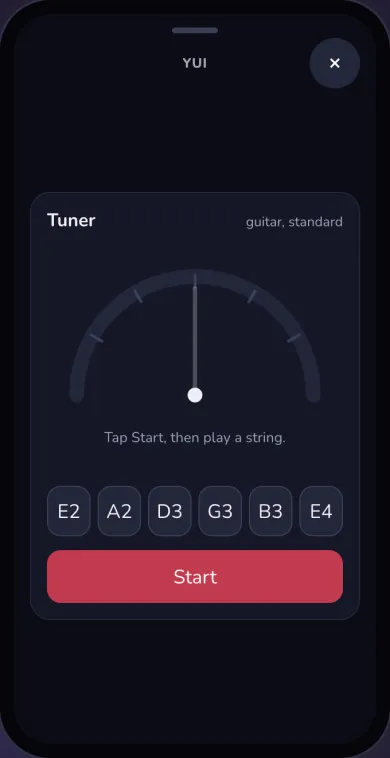 Dark mode: a guitar tuner card, a needle at center, Tap Start, then play a string, string buttons E2 A2 D3 G3 B3 E4 and a Start button.