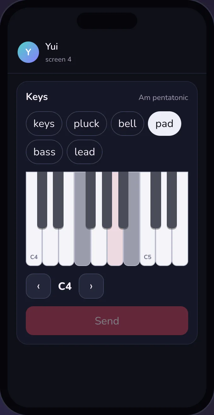 Dark mode: a one octave keyboard locked to A minor pentatonic, with the notes outside the scale dimmed, a sound picker (keys, pluck, bell, pad, bass, lead) and octave arrows.