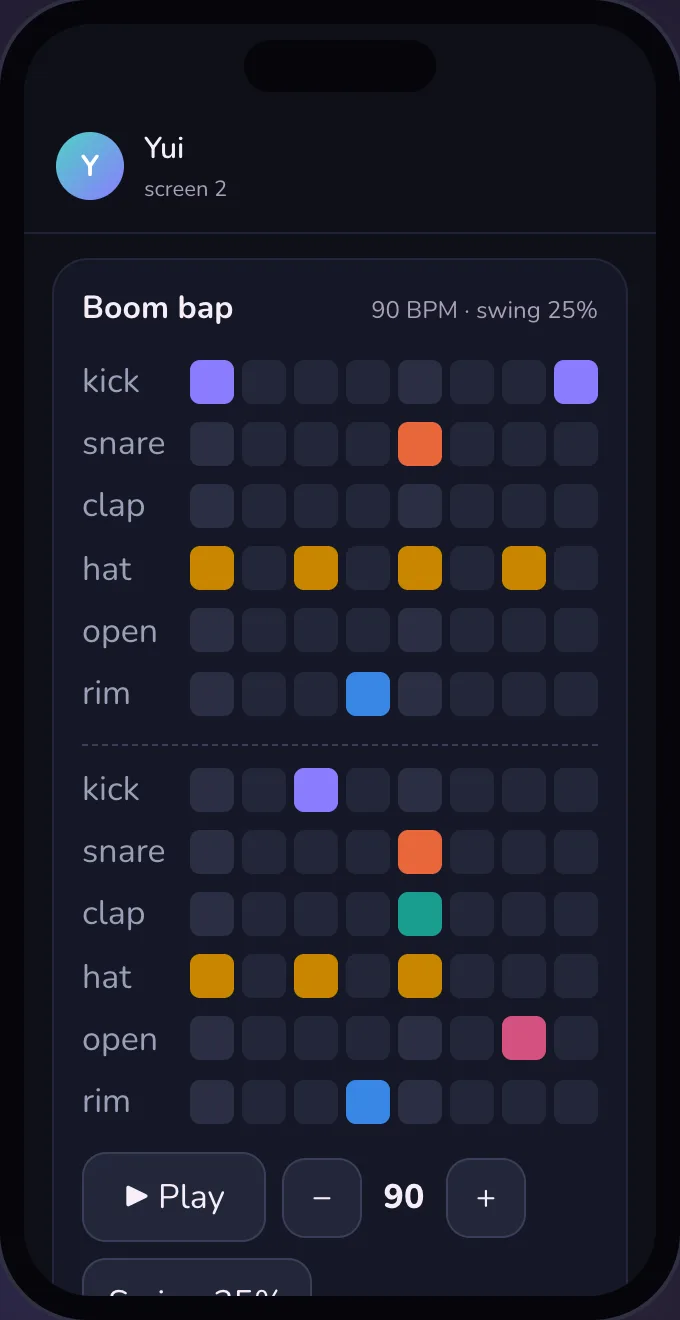 A step looper on a dark phone: six rows of drum sounds and sixteen steps