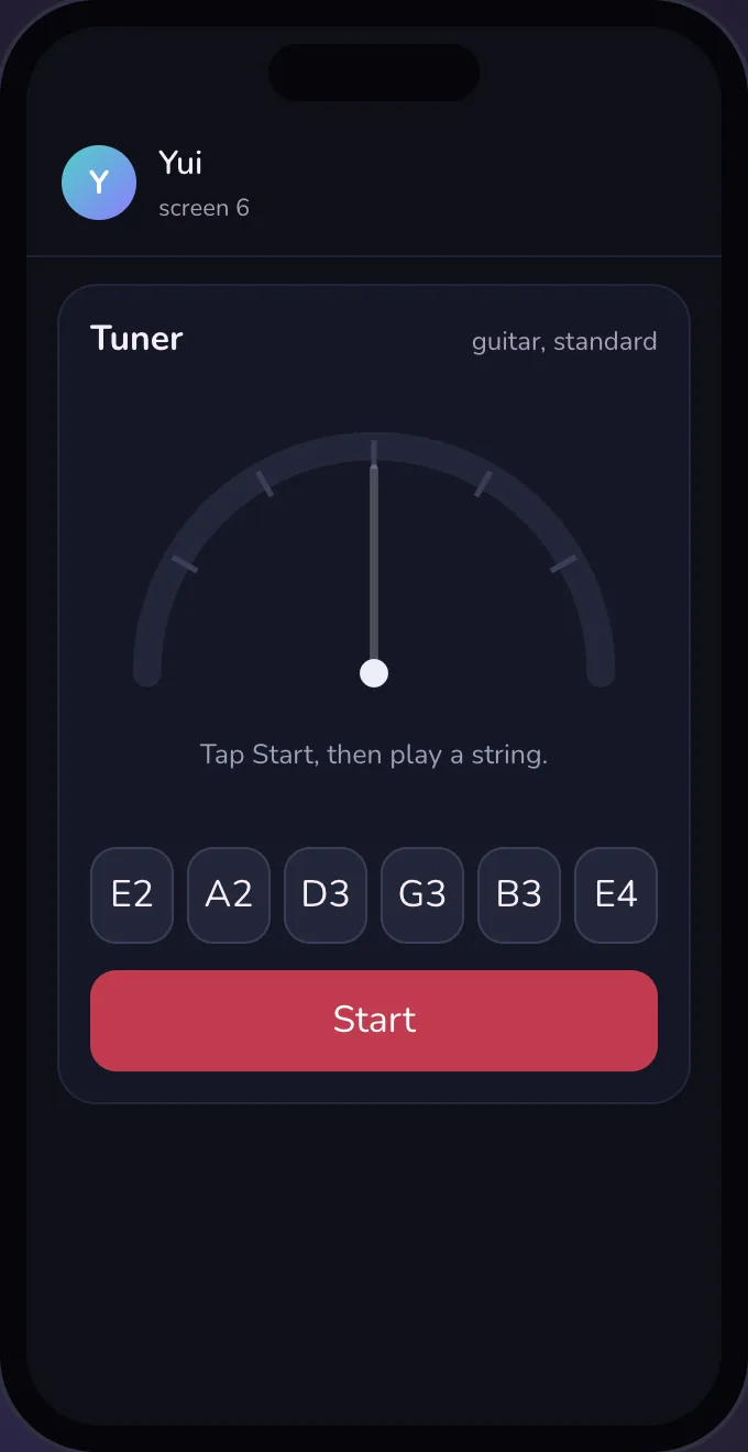 Dark mode: a guitar tuner with a needle gauge, the six strings E2 A2 D3 G3 B3 E4 and a Start button.