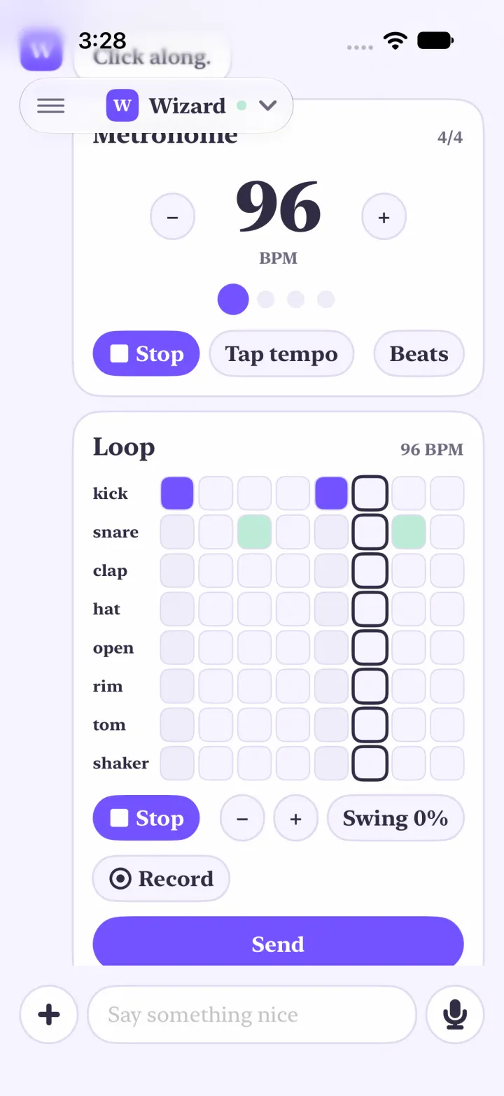 A metronome at 96 BPM above a playing loop, the two in time