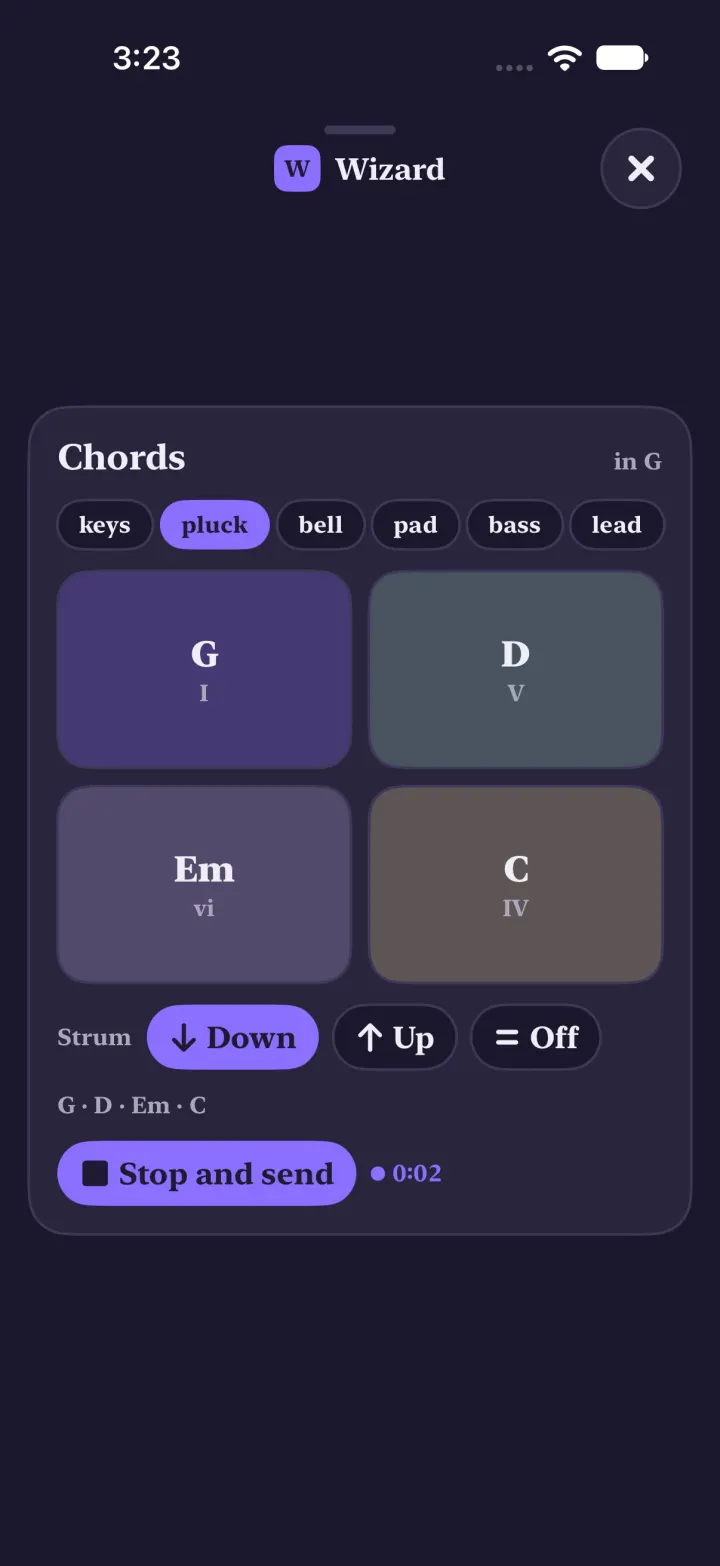Chord pads recording a take in dark mode, Stop and send at 0:02